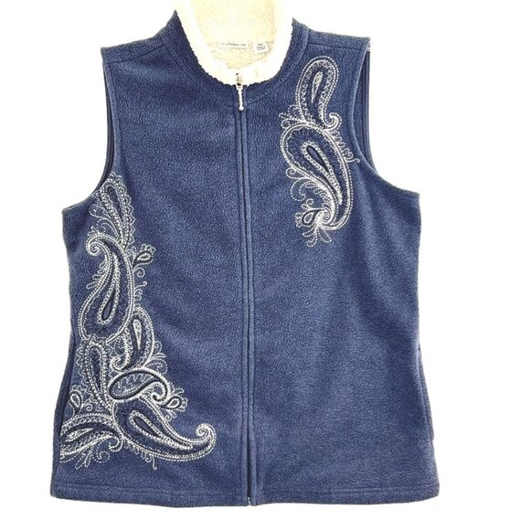 Croft & Barrow Vest Size XS Fleece Sherpa  Zip Close Blue Embroidery Paisley - Picture 1 of 11